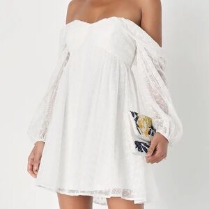 Lulus Sophisticated Darling White Eyelet Off-The-Shoulder White Mini Dress